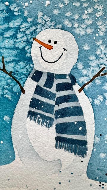 Snowman Watercolor Paintings, Snowman Watercolor Christmas Cards, Watercolor Winter Art, Watercolor Snowman Tutorial, Winter Watercolor Ideas, Winter Watercolor Paintings Easy, How To Paint Snow, Easy Snowman Painting, February Watercolor