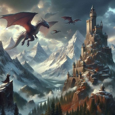 art, nick deligaris, dragon, rider, mountain, castle, tower, fantasy _4 Dragon Animation, Mountain Castle, Dragon Mountain, Castle On The Hill, Castle Tower, Side Tattoos, Dragon Rider, Fantasy Dragon, Instagram Art