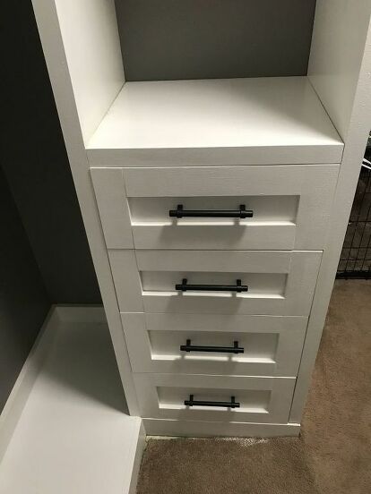 Over Christmas break, I began watching Tidying Up on Netflix and trying to better organize our closets. My master walk-in closet has always annoyed me, so I finally decided to tackle it! I tore out the wire closet shelving that was in there and created a DIY Closet Organizer with built-in drawers, shelves, and shoe storage. Here's an abbreviated description of how I built my closet organizer, for full details, please visit the tutorial on my website, link is at the bottom of this post.… Closet Shelves And Drawers, How To Build A Closet System, How To Build Closet System, How To Build Drawers For Closet, Diy Closet With Drawers, Walk In Storage Closet, Walk In Storage, Diy Closet Organizer, Ideas De Closets