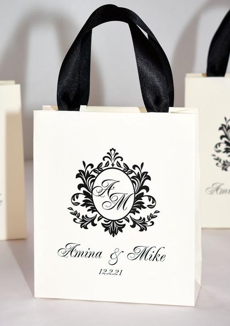 30 Monogram Wedding Welcome Bags with satin ribbon handles and names. Elegant Personalized gifts and favors for your wedding guests. Mr & Mrs gifts. Custom Gift bags.DETAILS:- sen of 30 paper bags in 9 colors (navy blue, black, white, ivory, light pink, mint, gold, silver, royal blue);- any color of ribbon and print is possible;- any text info!!!- the bags are available in 5 sizes:  1) 4 x 5.2 x 2 inches (10 x 13 x 5 cm); 2) 6.2 x 7.2 x 2.4 inches (15.5 x 18 x 6 cm); 3) 6.4 x 8 x 3.2 inches Groomsmen Bags, Wedding Goodie Bags, Monogram Bags, Mrs Gifts, Wedding Party Gift Bags, Destination Wedding Welcome Bag, Wedding Doors, Personalized Bags, Custom Gift Bags