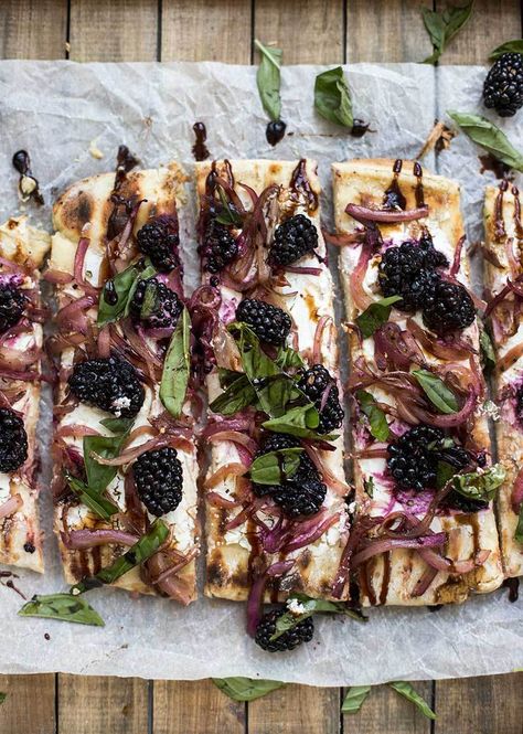 Blackberry Appetizers, Blackberry Flatbread, Goats Cheese Flatbread, Flatbread Pizzas, Basil Pizza, Goat Cheese Pizza, Homemade Flatbread, Sweet Onions, Pizza Recipes Homemade