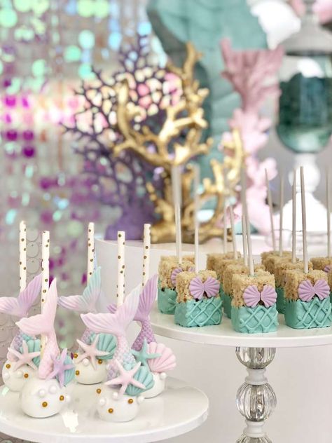 Ariel Birthday Party Dessert Table, Mermaid Cake Table Ideas, Easy Mermaid Desserts, Mermaid Party Dessert Table, Mermaid Food Table, Mermaid Themed Desserts, Mermaid Treat Table, Mermaid Theme Dessert Table, Mermaid Treats Dessert Tables