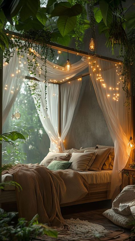 Canopy bed with sheer curtains and fairy lights in a vintage, enchanted forest-inspired bedroom with lush greenery. Canopy Day Bed, Forest Interior Design Concept, Fairytale Forest Bedroom, Romantic Canopy Bed, Bed Canopy Lights, Enchanted Forest Bedroom Ideas, Dreamy Bedrooms Romantic, Granola Girl Room, Canopy Bed Aesthetic