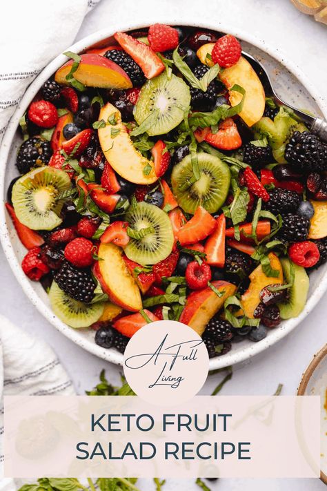 Enjoy the best fruits of the summer with this colorful keto friendly fruit salad recipe! This bright, colorful and sugar free salad is dressed with a delicious balsamic and lime dressing, and garnished with fresh herbs. It's sure to be a refreshing favorite! #KetoFruitSalad #FruitSaladRecipe #FruitSalad Low Carb Fruit Salad Recipes, Keto Fruit Salad Recipe, Fruit Salad Summer, Keto Christmas Brunch, Low Carb Fruit Salad, Sugar Free Fruit Salad, Boho Mobile Home, Keto Fruit Salad, Keto Hot Cocoa