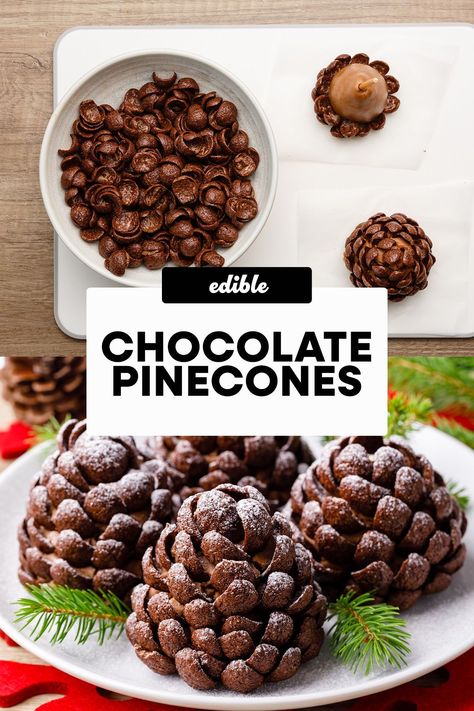 Edible Chocolate Pinecones, Chocolate Pinecones Recipes, Christmas Festive Food, Xmas Chocolate Ideas, Brownie Pinecones, Pinecone Dessert, Impressive Dessert Recipes, Dinner Party Desserts Impressive, New Year’s Eve Dessert Ideas