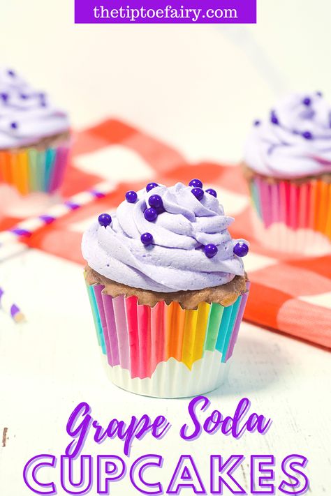 Love Grape Soda? Turn it into deliciously light and fluffy cupcakes with Grape Soda Buttercream! #funkidfood #cupcakerecipes #cupcakes #grapesoda Grape Soda Cupcakes, Grape Cupcakes, Soda Cake Recipe, White Cupcake Recipes, Soda Cupcakes, Fluffy Cupcakes, Soda Cake, Cinnamon Twists, White Cupcakes