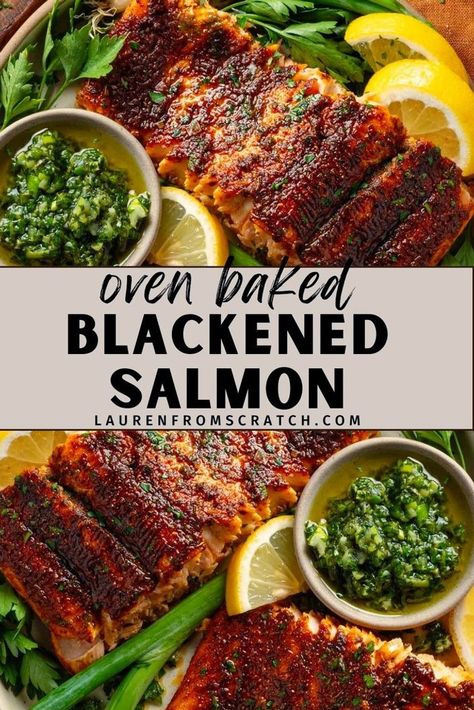 Make an extra flavorful salmon dinner with this Easy Blackened Salmon recipe! Perfect for those who love a good mix of spicy and savory, this dish is a crowd-pleaser. Learn how to create that perfect blackened crust, using a blend of Cajun spices. There's minimal prep, the oven does the work! Great for a quick dinner, it's ready in just 30 minutes, making it a practical yet impressive meal choice. Get more seafood recipes at LaurenFromScratch.com. Oven Blackened Salmon, Fast Supper Ideas, Baked Blackened Salmon, Blackened Salmon Recipes, Cajun Spices, New Orleans Recipes, Blackened Salmon, Louisiana Cajun, Salmon Dinner