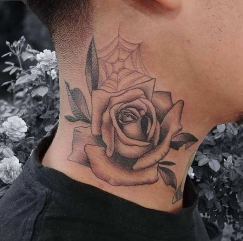 Rose Tattoo Men Neck, Black Rose Neck Tattoo, Derrick Rose Tattoo, Rose Neck Tattoo Men, Flower Tattoo On Neck, Rose Tattoo On Neck, Neck Rose Tattoo, Rose Tattoo On Side, Rose Neck Tattoo