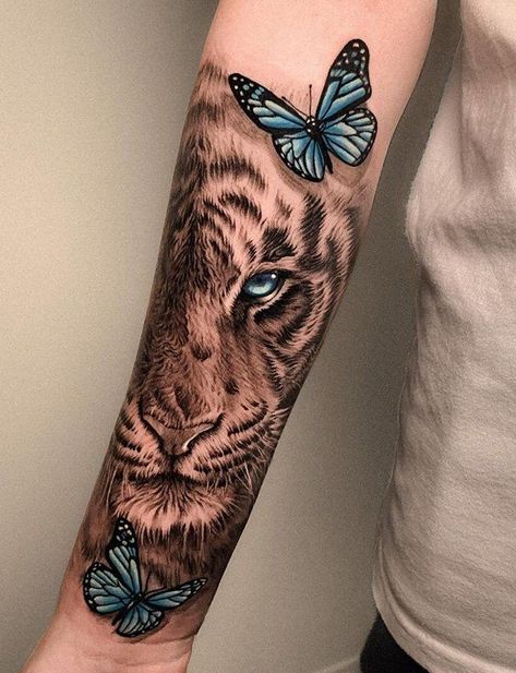 Tiger With Butterfly Tattoo, Unique Color Tattoos For Women, Punk Butterfly Tattoo, Tiger And Butterfly Tattoo, Colourful Tattoo For Women, Coloured Tattoos For Women, Lion Butterfly Tattoo, Ladies Arm Tattoo Ideas, Tiger Tattoo Design For Women