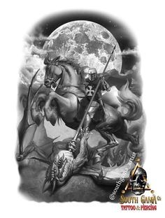 realistas2021 St George And The Dragon Tattoo, Saint George And The Dragon Tattoo, Saint George Tattoo, Templar Knight Tattoo, Knight And Dragon, Saint Tattoo, Knight On Horse, Dragon Moon, Bike Artwork