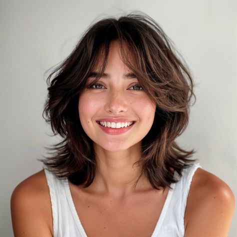 Straight Shaggy Haircuts Medium, Piecey Fringe Bangs, Short Layered Hair For Women, Butterfly Shag Haircut Short, Medium Length Shag Curtain Bangs, Short Shaggy Haircuts With Curtain Bangs, 70s Style Short Hair, Shaggy Lob Straight Hair, Short Hair With Layers Wavy