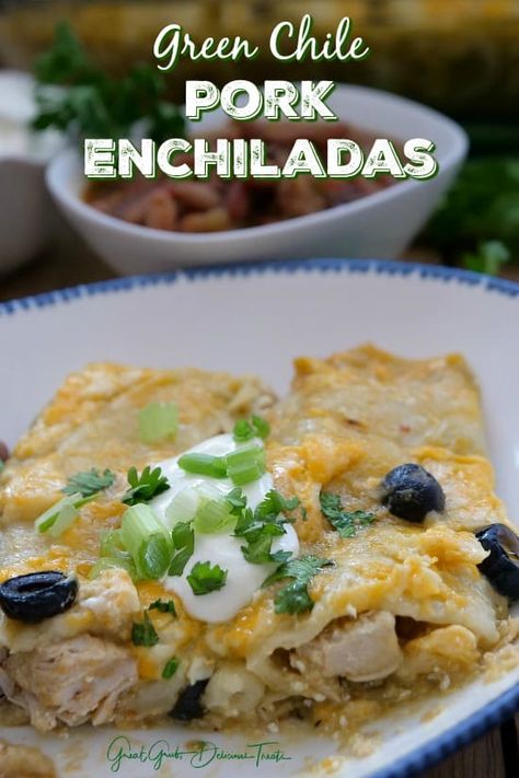 Green Chile Pork Enchiladas are super flavorful, loaded with shredded pork, sour cream and tons of cheese. Pork Green Chili Enchiladas, Green Chile Pork Enchiladas, Green Chili Pork Enchiladas, Tamale Sauce, Pork Verde, Pork Green Chile, Green Chile Pork, Pork Burritos, Enchiladas Recipes