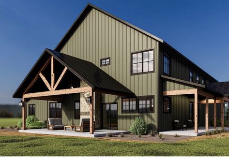 Tin Homes Exterior, Barndominium Doors, Metal Building Porch Ideas, Green Barndominium Ideas, Forest Green Barndominium, Green And Black Barndominium, Green Exterior Barndominium, Black Metal Building Homes, Dark Green Barndominium Exterior