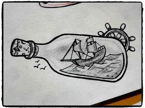 Ocean In A Bottle Drawing, Boat In A Bottle Drawing, Ship In A Bottle Drawing, Ship In A Bottle Tattoo, Pirate Ship Drawing, Books Tattoo, Ship In Bottle, Ship In A Bottle, Book Art Projects