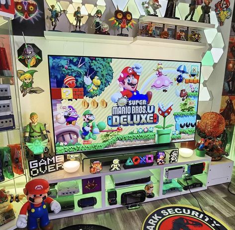 Arcade Game Room Design, Nintendo Gaming Setup, Basement Video Game Room, Nintendo Game Room, Kids Video Game Room, Gamer Living Room Ideas, Nerd Room Aesthetic, Nintendo Room, Gaming Corner