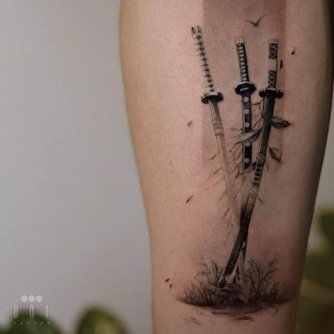 3 Swords Tattoo, Zoro Swords, Bushido Tattoo, Swords Tattoo, Watercolor Tattoo Ideas, Small Forearm Tattoos, Dragon Ball Tattoo, Single Needle Tattoo, Zoro Roronoa