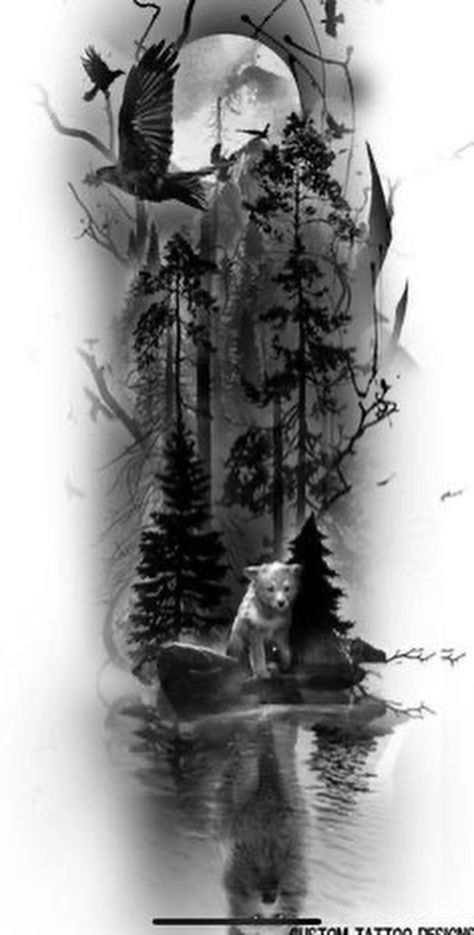 Wolf And Nature Tattoo, Fox And Forest Tattoo, Nordic Forest Tattoo, Forrest Sleeve Tattoos, Sleeve Tattoos For Guys Design, Forrest Tattoo Designs, Wolf And Forest Tattoo, Dark Forest Tattoo Design, Nordic Wolf Tattoo