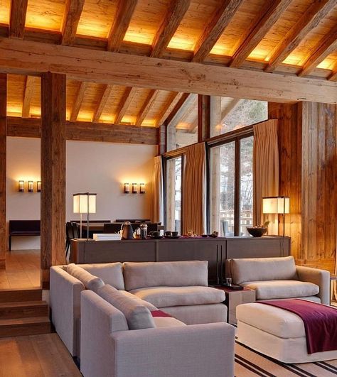 Famous Interiors, Chalet Interior, Scandi Interiors, Chalet Design, Chalet Style, Exposed Beams, Design Del Prodotto, Zermatt, Ceiling Design