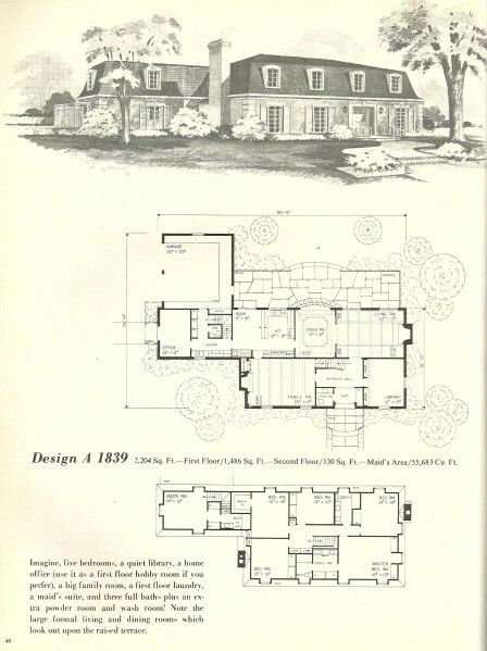 Vintage 1970s 5bedroom French Mansard Roof Home/House plans ...what a beautifully laid out home. Dining Library, Mid Century House Plans, Nook Kitchen, Mansion Plans, Laundry Pantry, Vintage Floor Plans, Ranch Houses, Covered Terrace, Exclusive House Plan