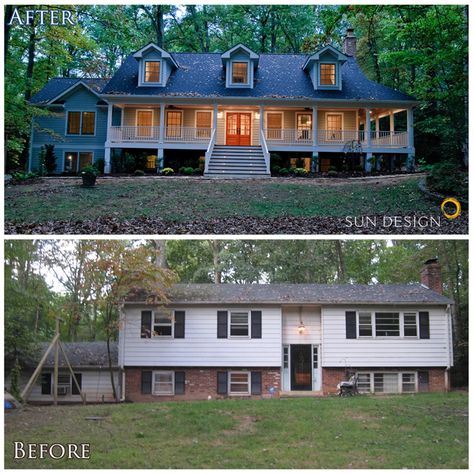 This home was transformed from a split-foyer into a french colonial.  What made this transformation was raising the entrance to the main level, building out the attic space for an added level, and relocating the staircase to access all 3 levels.  A master suite addition was added above the garage and a dramatic window wall addition to the rear of the home really brings the outdoors in. Split Level Exterior, Ranch Entrance, Raised Ranch Remodel, Casa Garage, Split Foyer, Architecture Renovation, House Makeovers, Ranch Remodel, Ranch Exterior