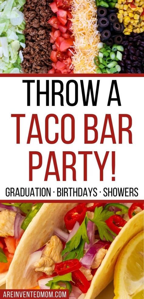 A Taco Bar is a perfect choice for your next party. It's an economical way to feed a crowd and everyone loves tacos! Get the lowdown on everything you need to know to host an awesome make your own taco station. Ideal for graduation party, baby shower, birthday party, tailgate parties or even Taco Tuesday. #areinventedmom Tacobar Party, Tacos Bar, Taco Bar Ideas, Taco Bar Party, Taco Side Dishes, Party Food Bars, Homemade Taco Seasoning Mix, Tacos Mexicanos, Nacho Bar