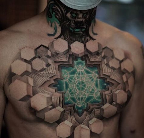 Tato 3d, Best 3d Tattoos, Tatoo 3d, Full Chest Tattoos, Sacred Geometry Tattoo, Biomechanical Tattoo, Geometry Tattoo, Cool Chest Tattoos, Chest Tattoos