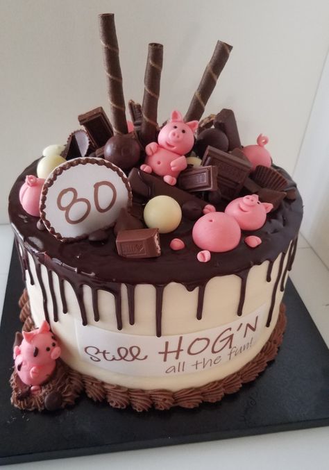 Pigs in the mud Cake. Candy cake. Hog`n all the fun. 80th Birthday Cake. Pig In Mud Cake, Cake Pig Design, Pig Cakes Ideas, Pig Cakes Birthday, Pig Chocolate Cake, Pig Party Food, Piggy Birthday Cake, Pig Cake Design, Pig Cake Ideas