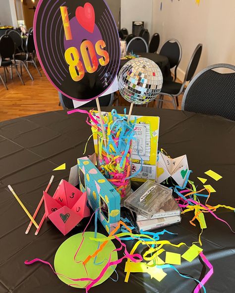 Decade Table Decorations, 90s Theme Party Centerpieces, 80s Theme Party Decorations Centerpieces, Decade Centerpieces, Decade Decorations, 80s Party Centerpieces, 80s Centerpieces, Prince Party Theme, 40th Birthday Centerpieces