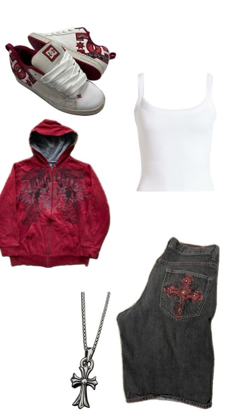 2024 y2k red zip up hoodie skull dc red and white shoes black graphic jorts with cross white tank top chrome hearts necklace #chromehearts #blackjorts #y2k #foryou Red Hoodie Outfit, Red And White Shoes, Chrome Hearts Necklace, Red Top Outfit, Red Zip Up Hoodie, Grunge Fits, Outfit Inspo Casual, Hearts Necklace, Hoodie Outfit