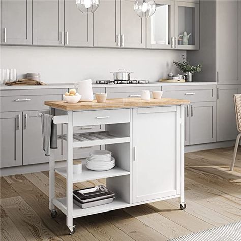 Amazon.com: BELLEZE Modern Rolling Kitchen Island Utility Cart with a Drawer, Storage Cabinet, Handle Towel Rack, Rubber Wood Top, and Caster Wheels - Sonoma (White) : Home & Kitchen Kitchen Trolley Cart, Tiny Living Space, Rolling Kitchen Island, Solid Wood Kitchens, Kitchen Trolley, Portable Kitchen, Wood Kitchen Island, Kitchen Island Cart, Kitchen Island With Seating