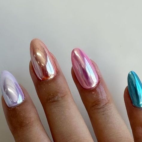 nailsinurcoffin on Instagram: "i love how much you guys are loving these nails on my story, they are so simple but this chrome is just so good. im using @functionofvex liquid chrome in VIRGIN on each nail just in top of different colors. use my code OLIVIA20 for 20% off your order :) #liquidchrome #chrome #springnails" Multicolored Chrome Nails, Multi Color Chrome Nails, Liquid Chrome Nails, Coloured Chrome Nails, Chrome Colors, Silver Nail Art, Back To School Nails, Silver Nail, School Nails