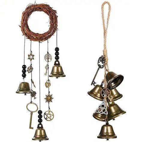 Front Door Charms Witch, Witch Bells, Hanging Witch, Door Protection, Wiccan Magic, Handmade Hanging, Bell Decorations, Vintage Witch, Wreath Wall