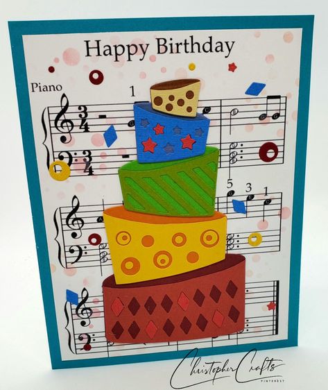 I picked up this Spellbinders Topsy Turvy Cake die few weeks ago. I was excited to try it out but sad when I found you couldnt get the same results as the product packaging. I had to hand cut each of the layers. #spellbinders #vickypapaioannou #happybirthdaycard #handmadecards #sheetmusic #topsyturvy Spellbinders Topsy Turvy Cake Cards, Happy Birthday Piano, Easy Birthday Cards, Bday Card Ideas, Cricut Birthday Cards, Topsy Turvy Cake, Cricut Birthday, Birthday Cake Card, Simple Birthday Cards