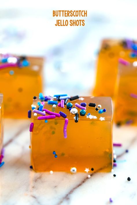 Butterscotch Jello Shots -- Jello shots just got a whole lot classier! These Butterscotch Jello Shots are the a delicious adult jello shot perfect for any party in need of a little extra fun | wearenotmartha.com Unique Jello Shots, Shots Jello, Jolly Rancher Jello, Pina Colada Jello Shots, Margarita Jello Shots, Margarita Jello, Making Jello Shots, Jello Shooters, Best Jello Shots