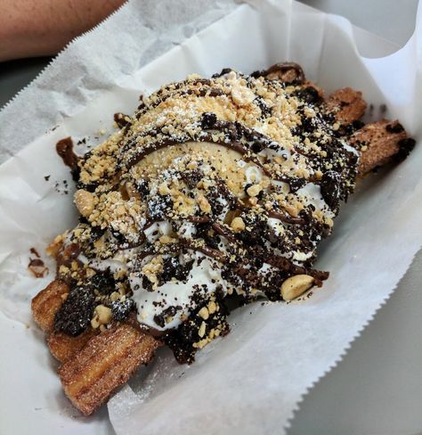 Churro sundae with horchata ice cream Oreos peanuts Nutella and whipped cream. [OC] [3036x3433] . Churro And Ice Cream, Churros With Ice Cream, Churro Desserts, Churro Sundae, Horchata Ice Cream, Churro Dessert, Ice Cream Cones Recipe, Mexican Ice Cream, Churro Ice Cream