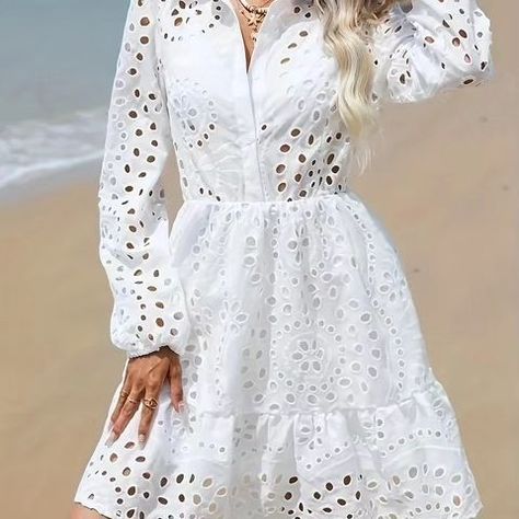 Solid Eyelet Collared Ruffle Hem Dress, Vacation Long Sleeve Waist Dress, Women's Clothing https://ln.run/5DzaO Styling Dresses, Cotton Lace Dress, Dress Vacation, Solid Color Jumpsuits, Business Formal Dress, Eyelet Embroidery, Formal Dresses Gowns, Plain Shirt, Dress 2024