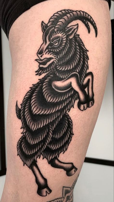 Goatman Tattoo, Traditional Lamb Tattoo, Knee Ditch Tattoo Traditional, American Traditional Goat, American Traditional Goat Tattoo, Folk Horror Tattoo, Traditional Goat Tattoo, Goat Traditional Tattoo, Goat Head Tattoo