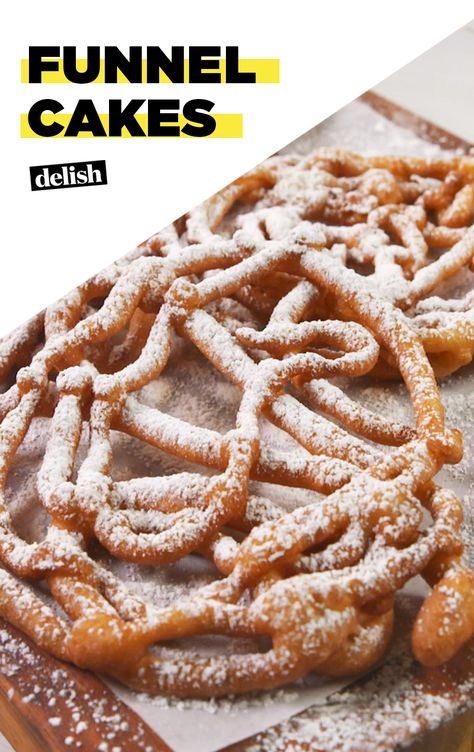 Making Funnel Cake at home is WAY easier than we thought  Get the recipe at Delish.com. #recipe #easy #easyrecipe #cake #carnival #dough #dessert #dessertrecipe Mini Funnel Cakes, Homemade Funnel Cake, Funnel Cake Recipe, Funnel Cakes, Inexpensive Meals, Funnel Cake, Fair Food Recipes, Recipe Videos, Best Desserts