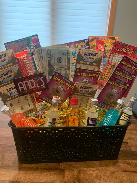 Liquor And Lotto Gift Basket, Alcohol And Lottery Ticket Basket, Gift Card And Lottery Ticket Basket, Gambler Gift Ideas, Lottery Ticket Basket Raffle, Birthday Lottery Ticket Ideas, Gifts For A Gambler, Lottery Ticket Gift Ideas Raffle Baskets, Lottery Ticket Raffle Basket