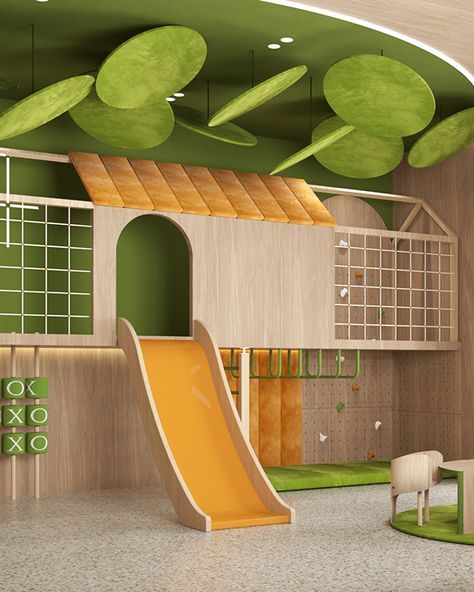 montessori kindergarten :: Behance Kindergarten Interior Design Concept, Kids Dining Area, Kids Area Design, Modern Daycare Design, Indoor Kids Playground, Kindergarten Playground, Rocking Bed, Bed Montessori, Indoor Playground Design