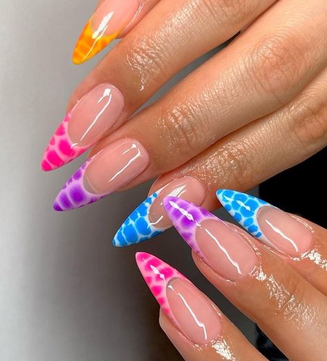 Ibiza Nails Acrylic, Multicolored Almond Nails, Los Angeles Nails Design, Funky French Tip Nails Almond, Festival Nails Almond, Tropical French Nails, Colorful Design Nails, Colorful Croc Nails, Colored French Tip Nails Acrylics Almond