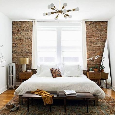 Exposed Brick Walls Bedroom, Bedroom Brick Wall, Brick Wall Bedroom, Brick Bedroom, Mid Century Bedroom, Mid Century Modern Bedroom, Exposed Brick Walls, Brick Walls, Night Night