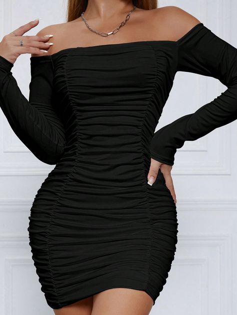 Elegant Off-Shoulder Long Sleeve Ruched Bodycon Party Dress For Women Black Elegant  Long Sleeve Knitted Fabric Plain Bodycon Slight Stretch Spring/Fall,Fall/Winter Women Clothing, size features are:Bust: ,Length: ,Sleeve Length: Dress With Long Sleeves, Ruched Bodycon Dress, Hip Dress, Women Clothing, Off Shoulder, Bodycon Dress, One Piece