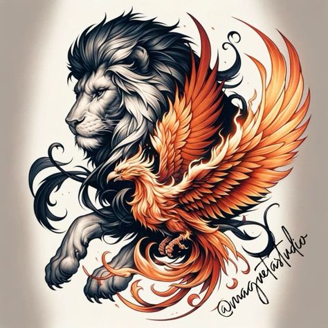 Lion Phoenix Tattoo, Tato Phoenix, Elk Tattoo, Phoenix Bird Tattoos, Lion Tattoo Sleeves, Wolf Tattoo Sleeve, Lion Head Tattoos, Phoenix Tattoo Design, Just Ink