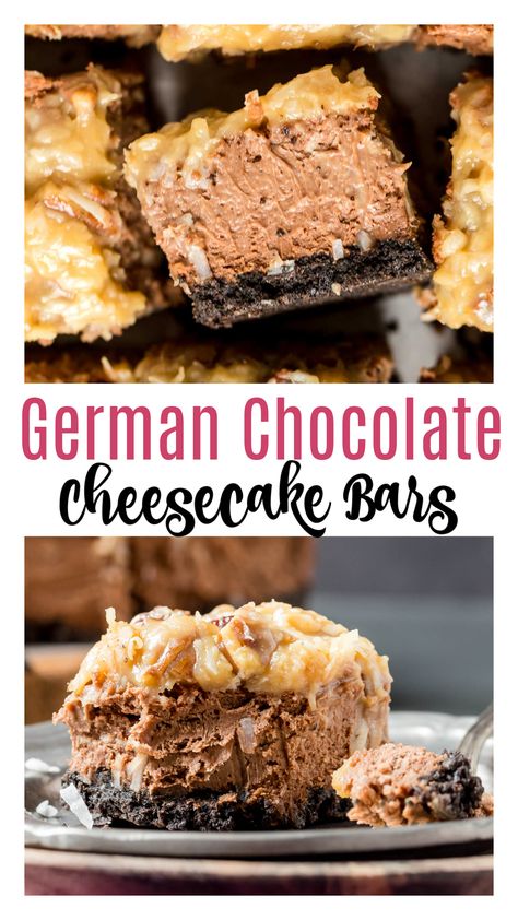 Prepare a quick and delicious dessert in with this easy German chocolate cheesecake bars recipe. An Oreo crust, with a chocolate cheesecake filling, topped with a coconut pecan frosting! German Chocolate Cheesecake Bars, No Bake German Chocolate Cheesecake, German Chocolate Cheesecake, Cream Cheese Cheesecake, Chocolate Cheesecake Bars, Cheesecake Bar, Pecan Frosting, Coconut Pecan Frosting, Pecan Cheesecake