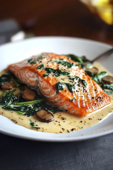 This Pan-Seared Salmon Florentine is a restaurant-quality dish made easy at home. Tender salmon fillets atop a creamy spinach bed with garlic and herbs – perfect for a delicious and elegant dinner! Get inspired in the kitchen – grab the recipe now! #SalmonFlorentine #PanSearedSalmon #HealthyDinner #SeafoodRecipes #FlorentineStyle #WeeknightMeals #GourmetAtHome #CreamySpinach #LowCarbMeals #DinnerInspiration Pan Seared Salmon Florentine, Salmon Herb Recipes, Salmon Tuscan Recipe, Salmon Dinner Sides, Salmon And Spinach Recipes, Salmon Florentine Recipe, Salmon Florentine, Salmon Fillet Recipes, Creamy Salmon