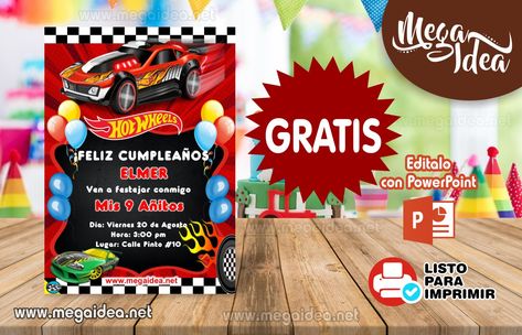 Invitación de Hot Wheels para Editar GRATIS. Descarga esta linda invitación de Hot Wheels en PowerPoint, el archivo esta en PowerPoint en el cual puedes cambi Hot Wheels Favors, Snow White Invitations, Hot Wheels Invitations, Car Birthday Party Invitations, Mask Invitations, Blaze Birthday, Hotwheels Birthday Party, Cars Birthday Invitations, Hot Wheels Party