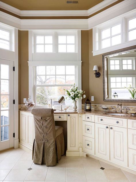 Integrated Dressing Table Vanity In Front Of Window, Craftsman Style Windows, Decorate A Bathroom, Grey Wall Tiles, Recessed Medicine Cabinet, Vanity Area, Vanity Design, Gorgeous Bathroom, Corner Cabinet