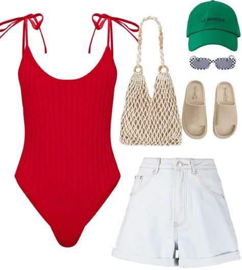 Swimsuit Layout Aesthetic, Summer Outfit Mood Board, Red Beach Outfit, Red Bathing Suit Aesthetic, Outfit Layout Summer, Red Swimsuit Aesthetic, Swimsuit Outfit Ideas, Waterpark Outfit Ideas, Beach Outfit Png