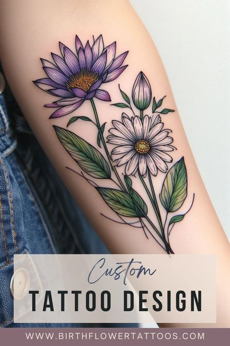 Elegant Daisy and Waterlily Flower Tattoo | April & July Birth Flower Design Daisy And Aster Flower Tattoo, July And April Flower Tattoo, April Birth Flower Tattoo Daisies, Waterlily Flower Tattoo, Tattoo Daisies, Daisy Sleeve Tattoo, April Flower Tattoo, April Birth Flower Tattoo, Waterlily Flower